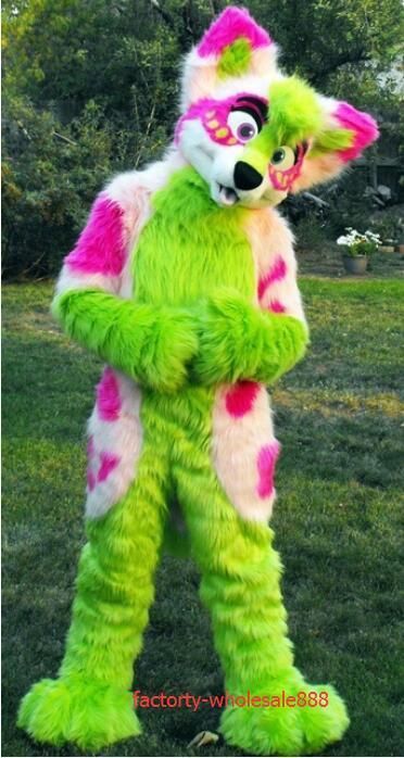 Halloween Pink Long Fur Fox Wolf Fursuit Mascot Costumes Blue Adults Outfits Halloween Pink Long Fur Fox Wolf Fursuit Mascot Costumes Blue Adults Outfits