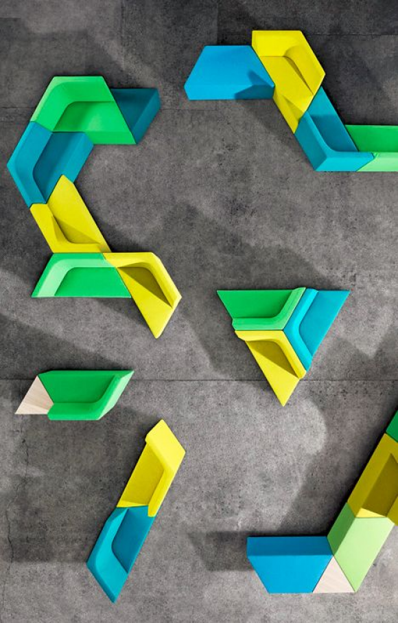 Escher Tetris tessellation and fractals all come to mind with this colorful set of angled seating elements. Though their shapes may appear unruly at first any awkward first impression is quickly dissipated once you see the elements deployed. Developed by Alexander Lotersztain the one catch ... #officefurniture #office #furniture #architecture Urban Furniture, Modular Furniture, Street Furniture, Design Furniture, Sofa Furniture, Furniture Plans, Furniture Stores, Office Furniture, Rustic Furniture