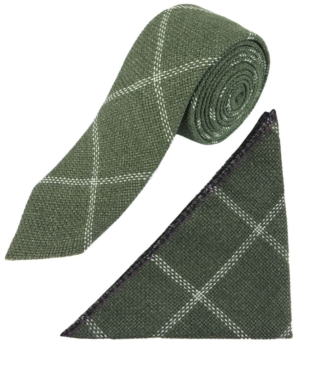 Sage Tie And Pocket Square Boys Slim Check Tweed Tie and Hanky - Sage Green | Tie and pocket