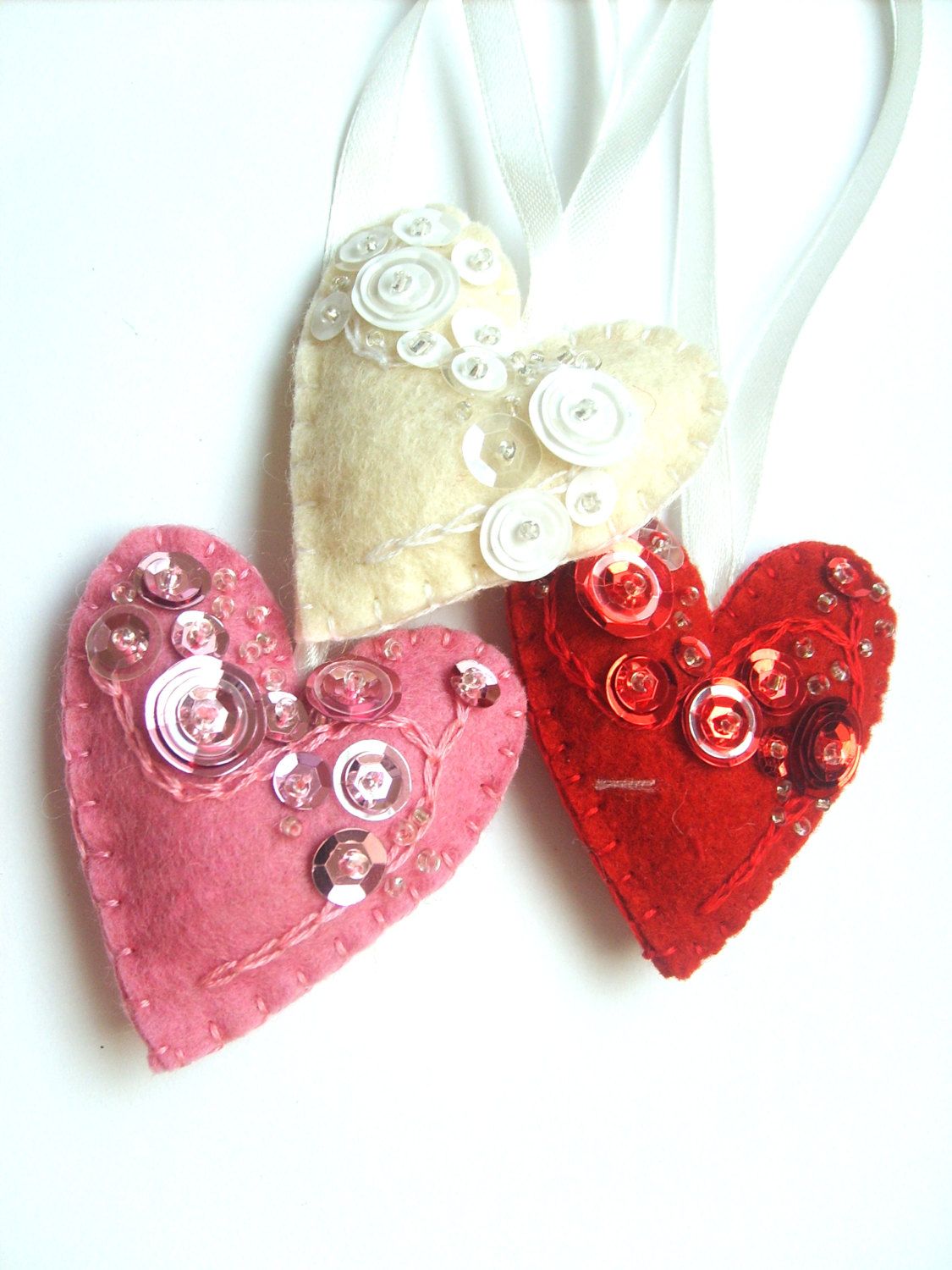 Felt heart ornament Red heart decoration Beaded Christmas ornaments Beaded felt heart