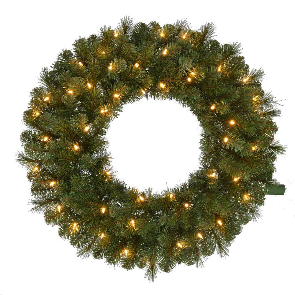 Home Accents Holiday 30 In Wesley Pre Lit Led Long Needle Pine Artificial Christmas Wreath With 191 Tips And 50 Warm White Lights Gd26m2l46l02 The Home Depot Artificial Christmas Wreaths Pre Lit