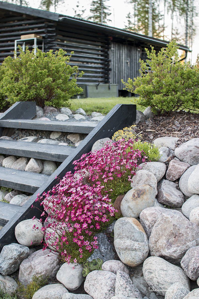 Pihahommia - Talosanomat Sloped Backyard Landscaping, Patio Pergola, Sloped Garden, Landscaping With Rocks, Hillside Garden, Backyard Garden, Rock Garden Design, Garden Stairs, Outdoor Stairs