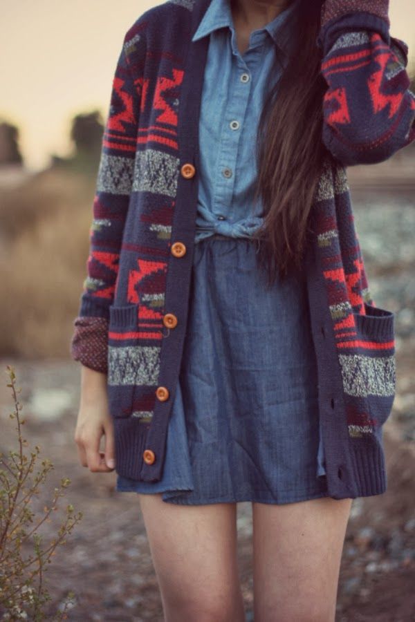 I normally dislike denim with denim, but the patterned cardigan just makes this outfit complete :) #aztec