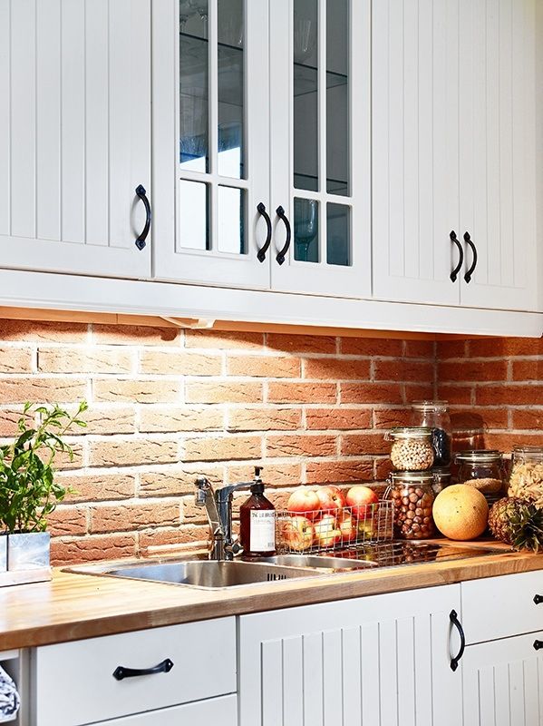 Raw Bricks In The Kitchen Via Planete Deco My Ideal Home Brick Backsplash With White Cabinets
