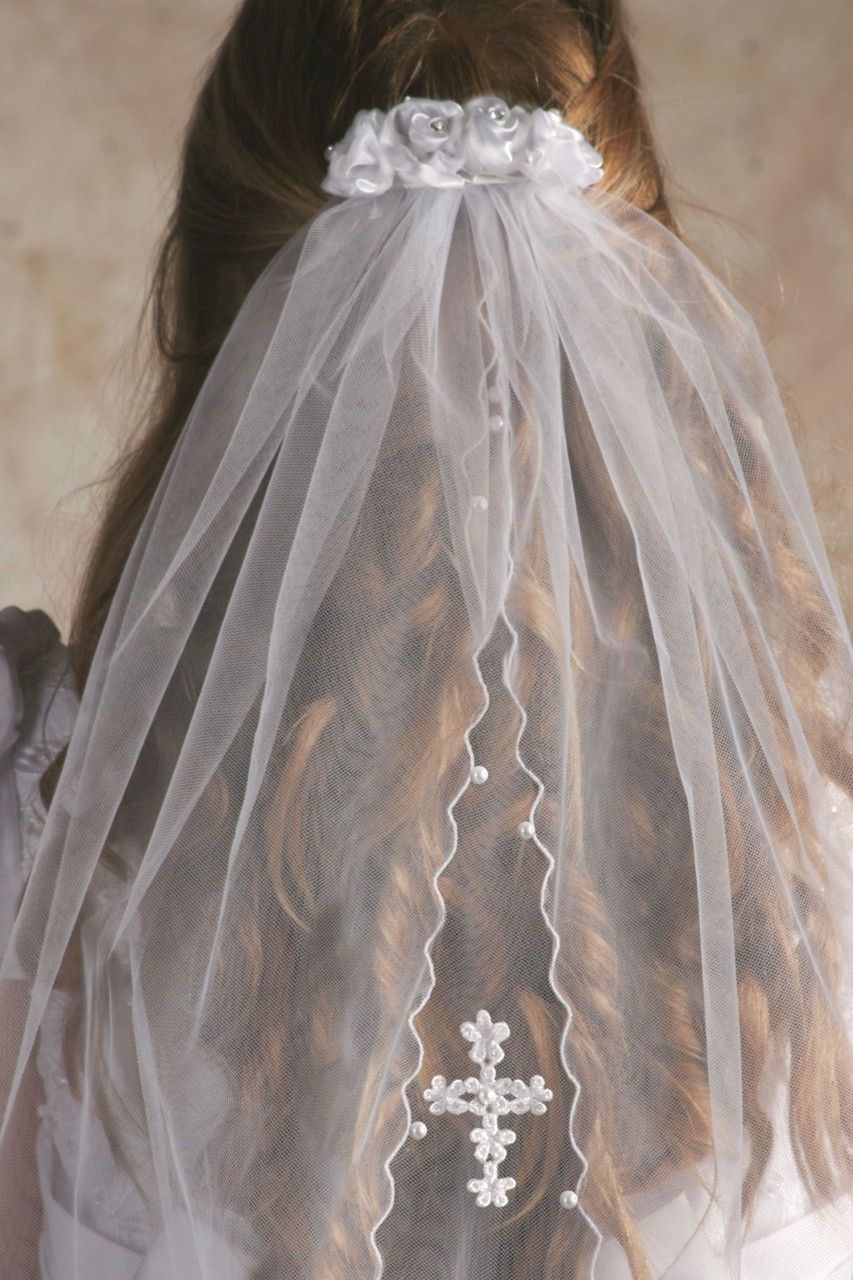 First Communion//Flower Girl Veil on White Saitn Bow with Sheer Flower Center New