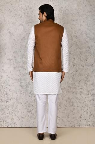 Shop for Khwaab by Sanjana Lakhani- Men Brown Suiting Button Down Bundi for Men Online at Aza Fashions Men Cream, Nehru Jackets, Kurta With Pants, Band Collar, Men Online, Beige, Grey, Suiting, Welt Pocket
