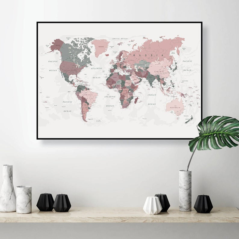 printable world map art in blush pink and hunter green map