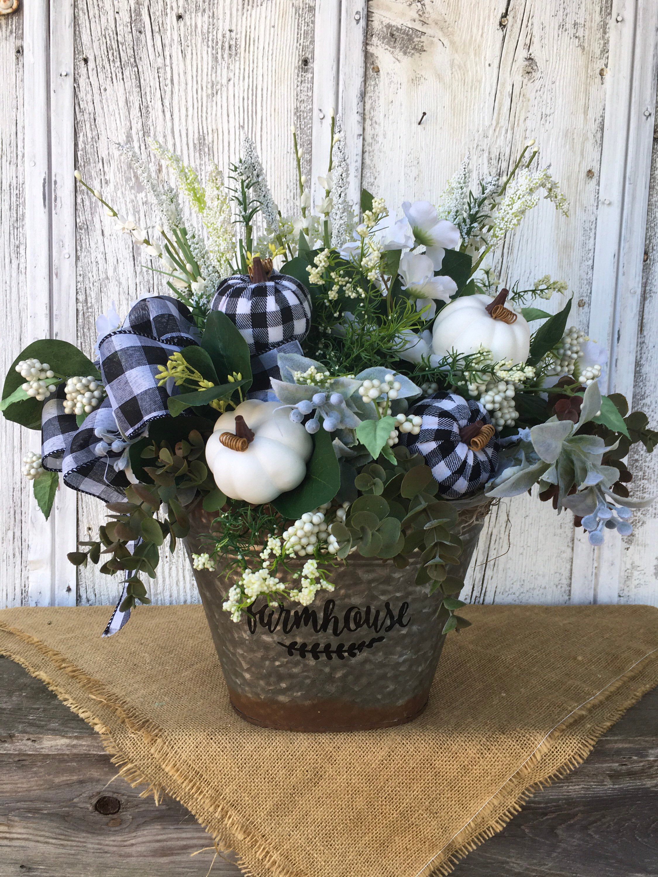 Rustic Farmhouse Floral Arrangement in a Buffalo Check Galvanized Metal Container
