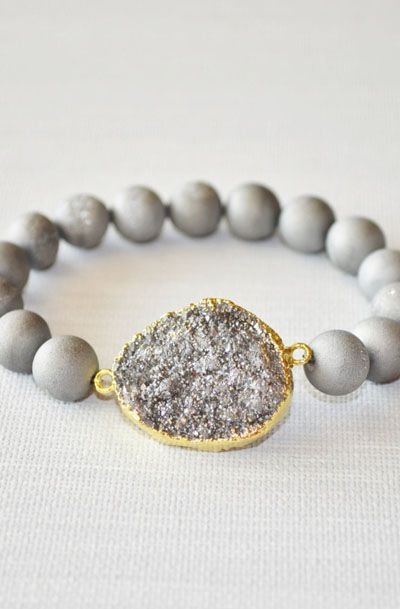 Silver Druzy Bracelet Stretch With Agate Beads Silver Druzy Bracelet Stretch With Agate Beads