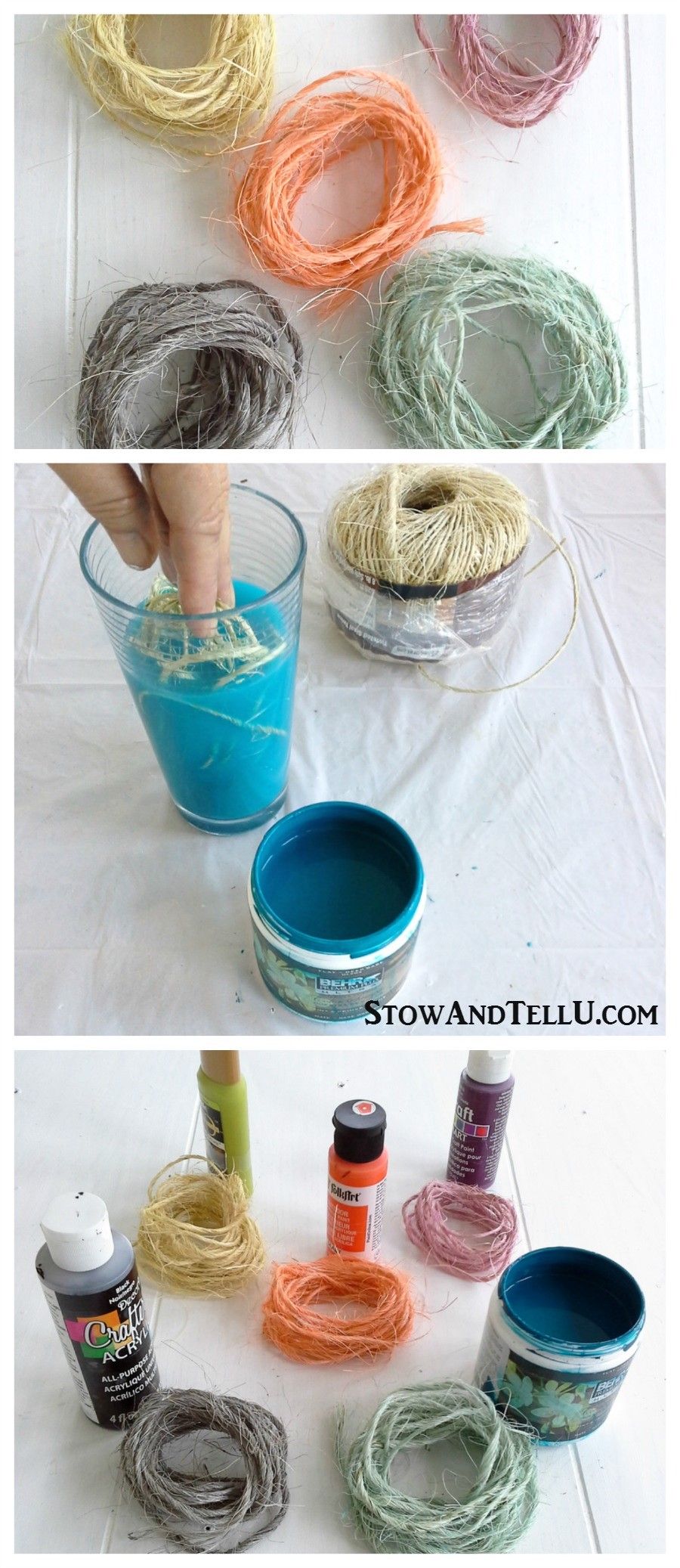 How to dye sisal twine with paint to use for gift wrap, crafts, weddings, ornaments and more - StowAndTellU.com Jute Twine Crafts, Sisal Twine, Twine Diy, Rope Crafts Diy, Diy And Crafts, Jute Rope, Rope Projects, Craft Projects, Craft Ideas