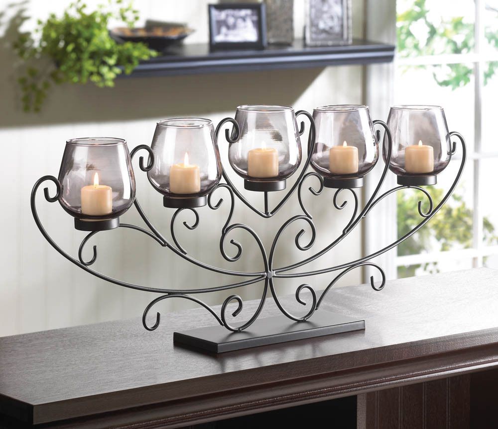 large 26" Long black scroll fireplace CANDELABRA Candle holder table centerpiece | Fireplace candelabra Candelabra and Fireplace candles