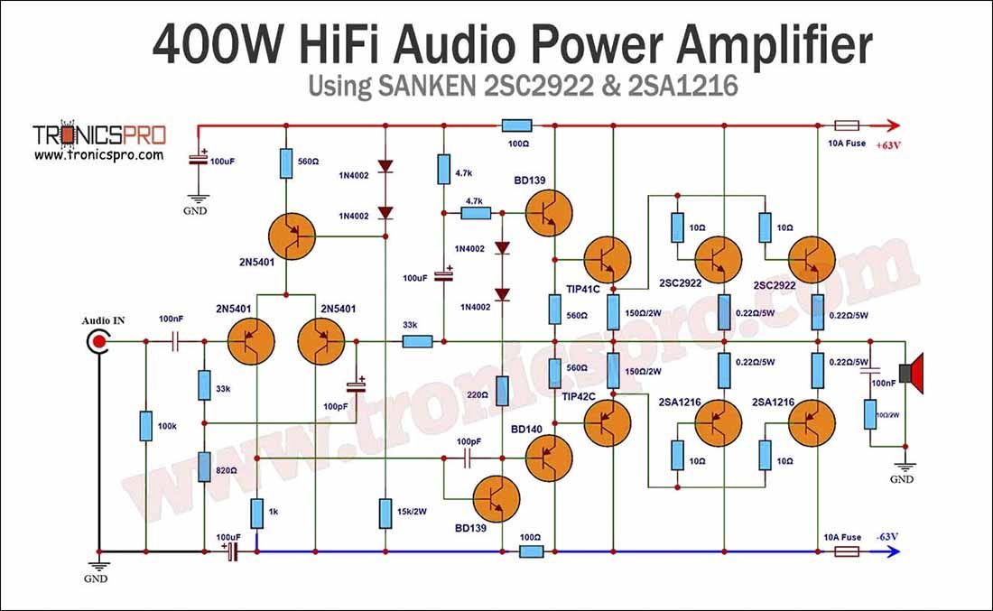 400W Amplifier Circuit Diagram 2SC2922 & 2SA1216 Sanken