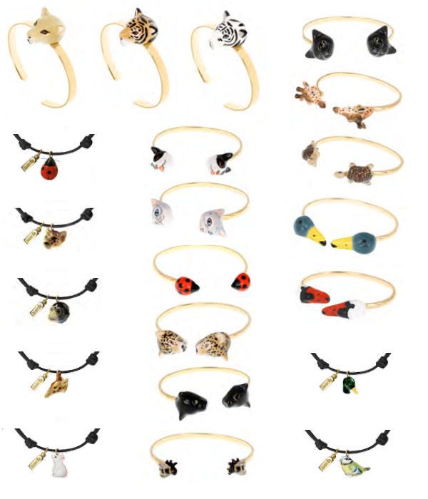 Bracelets en coton enduit et laiton doré avec animaux en porcelaine par Nach Bijoux.