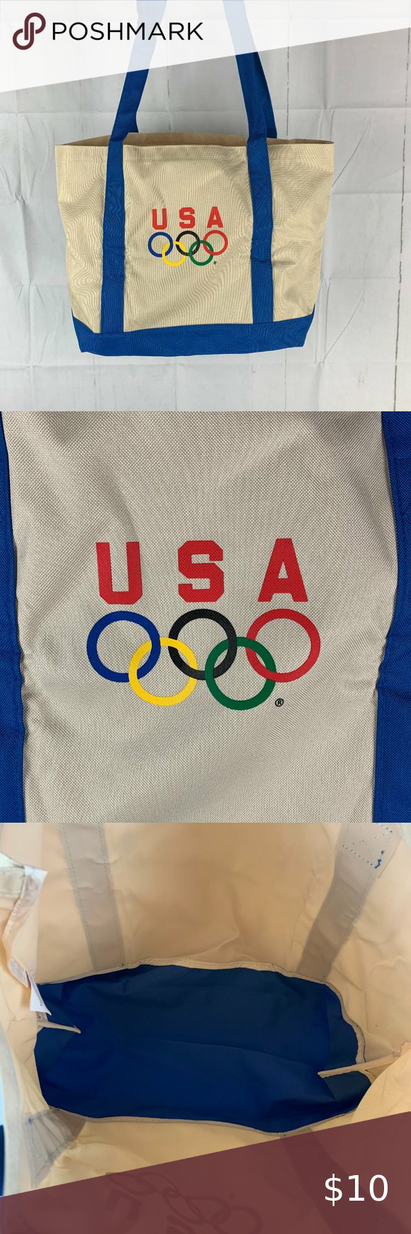 USA Olympics Rings Tote Bag Cream Royal Blue 14" x 6" x 13" Usa