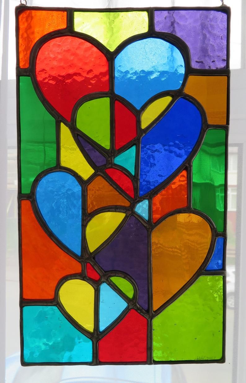 Rainbow Love Stunning Stained Glass Hearts Suncatcher Panel Etsy