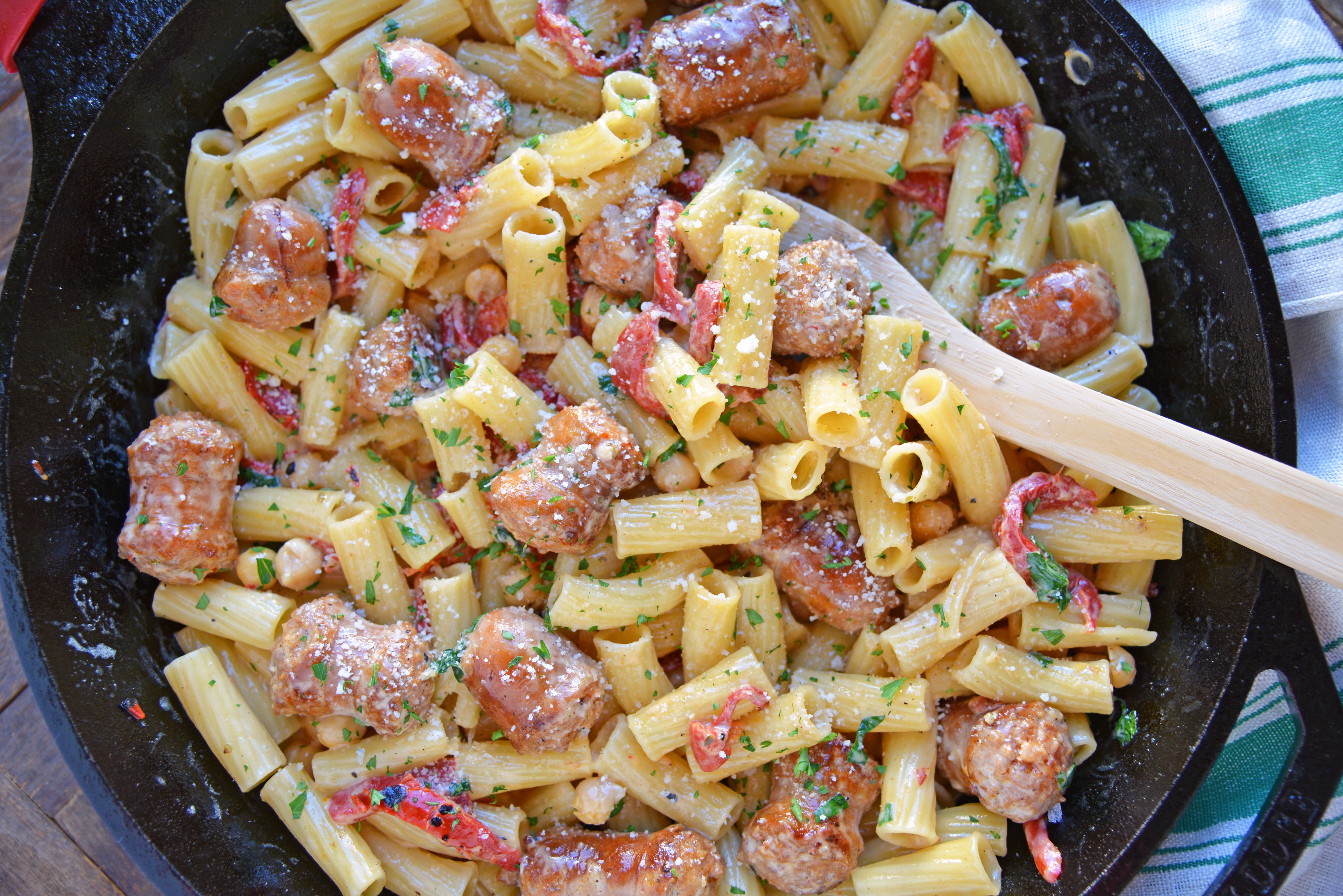 This delicious One-Pan Sausage Alfredo Pasta is an easy weeknight meal