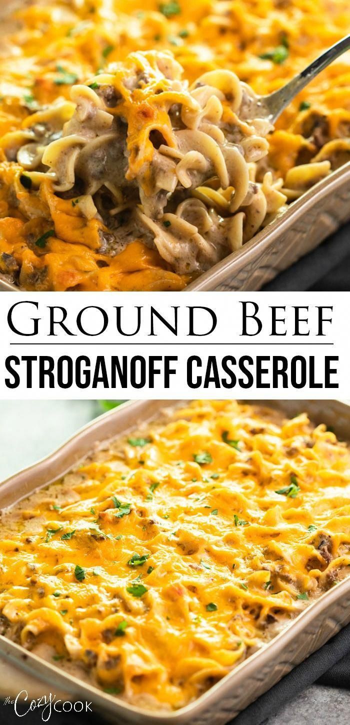 This beef stroganoff casserole recipe is an easy, make-ahead dinner that gives you the convenience of using ground beef! It's 100% homemade with no canned soup, just simple ingredients including beef broth, sour cream, and savory cheese! #groundbeef #stroganoff #casseroles #dinner #casserolerecipes #groundbeeftacos