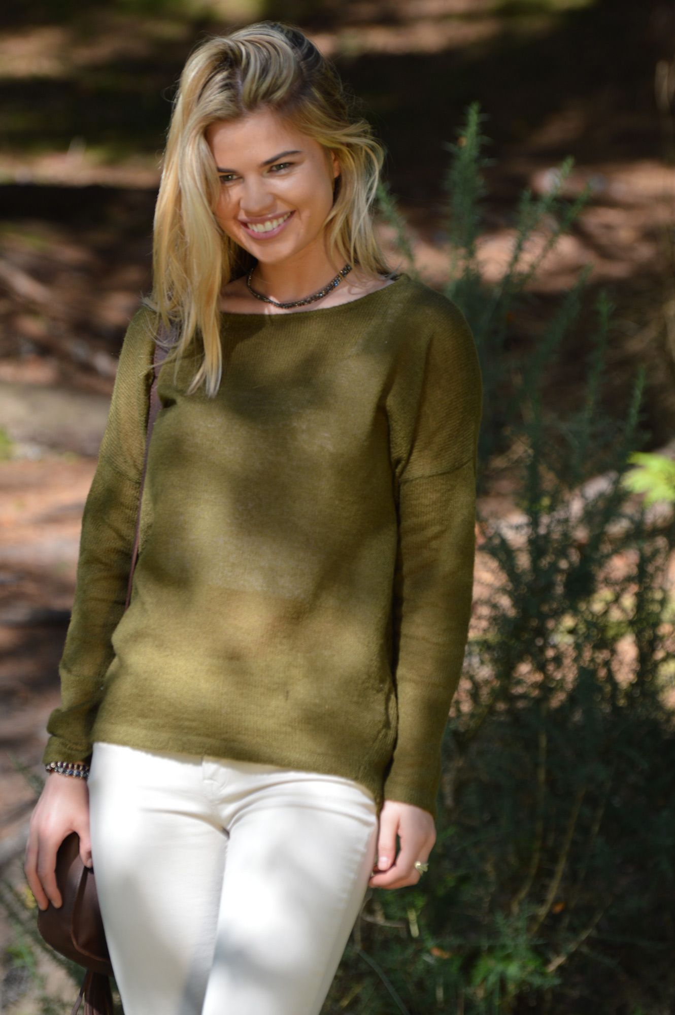 Arabella Khaki Lightweight Mohair Blend Round Neck Jumper | Fitted