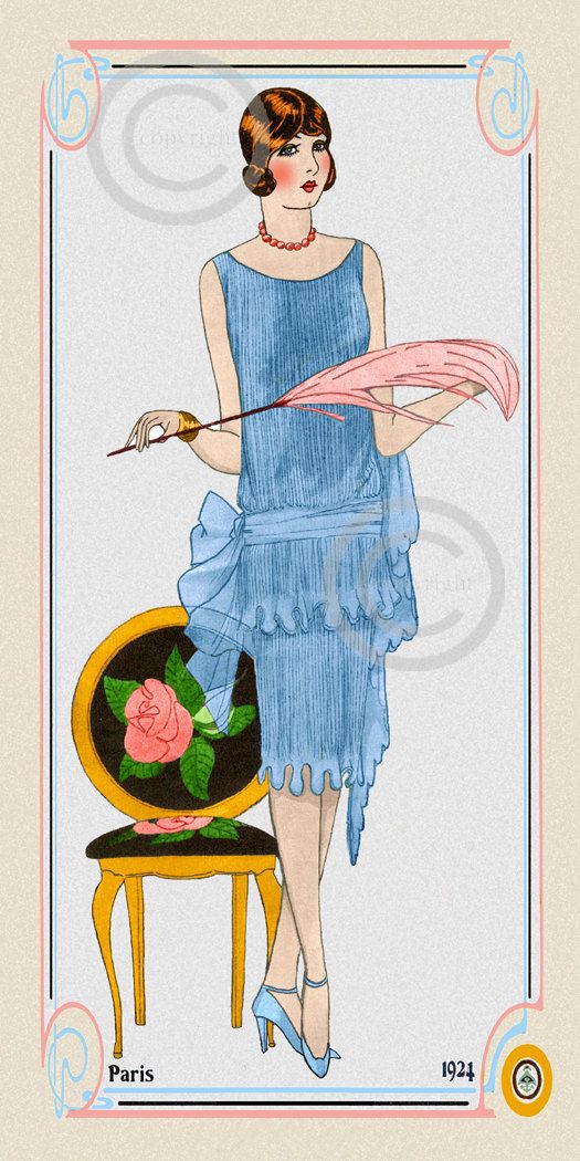 Art Deco Boudoir Fashion Print Paris Style Flapper In Blue Chiffon Dress Posing By Floral