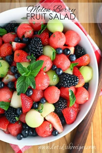 Melon Berry Fruit Salad: Watermelon, honeydew and berries are tossed in a honey lime dressing and garnished with fresh mint in this refreshing summer salad. Watermelon Fruit Salad, Berry Fruit Salad, Summer Salads With Fruit, Grape Salad, Watermelon Carving, Cobb Salad, Melon Recipes, Fruit Salad Recipes, Brunch Recipes