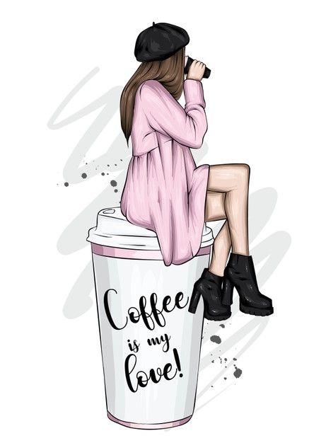 Premium Vector | A beautiful girl in a coat sits on a glass of coffee. Cute Cartoon Girl, Cartoon Girl Images, Girls Cartoon Art, Anime Art Girl, Beautiful Girl Drawing, Cute Girl Drawing, Cute Drawing Images, Girly Wall Art, Girly M