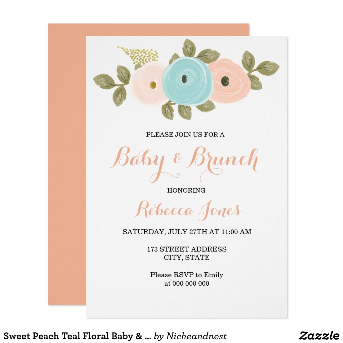 sweet peach teal floral baby brunch invite babies and baby birthday brunch invitation