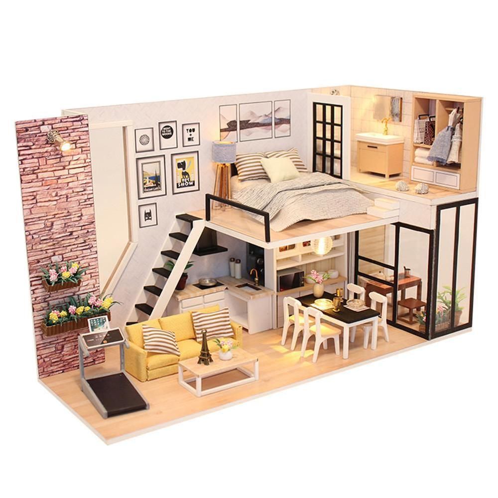Diy Wooden Loft Apartments Dollhouse Miniature Kitfurniture Led Light Gifts Unbranded Dollhousefurnitureplans Sims 4 House Design Loft House Sims House Plans