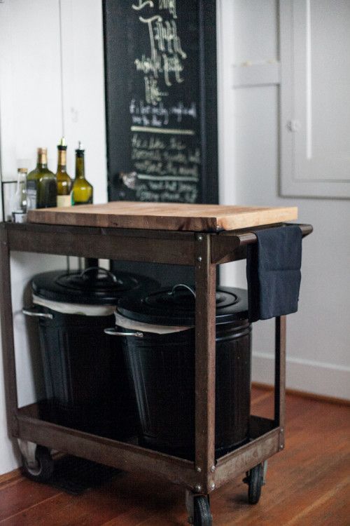 In Portland A Well Loved Home 2018 Kitchen Pinterest Thrifted Repurposed Cart On Casters W Ikea Butcher Top Trash Recycling Bins Chalkboard Door