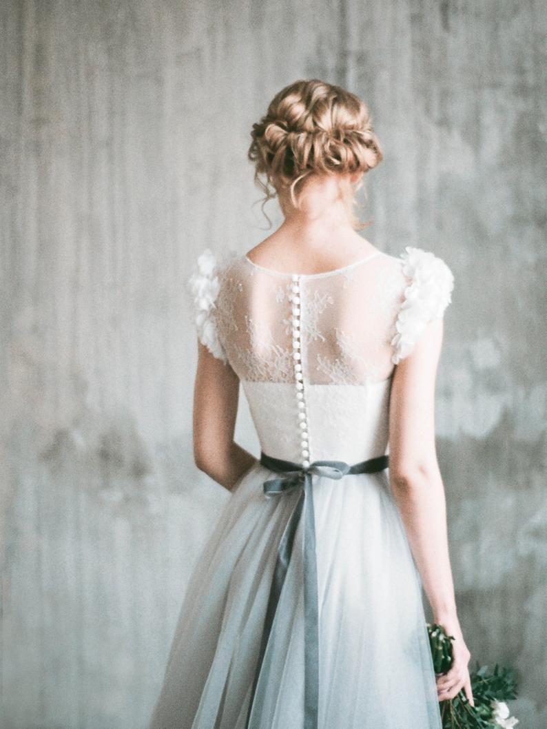 NEVA // Romantic grey wedding dress, lace and tulle a-line wedding gown, corset bodice, long dress with delicate chiffon flowers, milamira #romanticlace