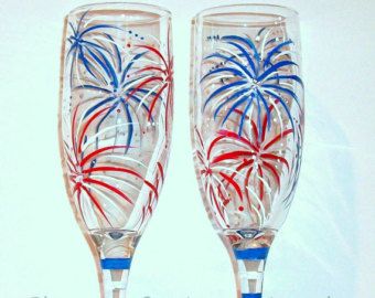 Set of 2 Patriotic Champagne Glasses Hand Painted.