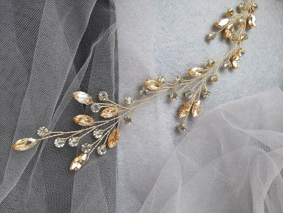 Gold Hair Vine Gold Champagne Hair Piece Crystal Hair Vine | Etsy Gold Hair Vine, Hair Vine Wedding, Bridal Hair Vine, Hair Jewelry Wedding, Wedding Hair Pieces, Wedding Hair Accessories, Crystal Halo, Crystal Hair Vine, Crystal Headpiece