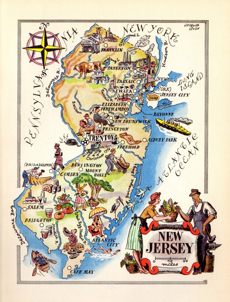 Vintage New Jersey Map Google Search Cartoon Map Map Print State Map Print