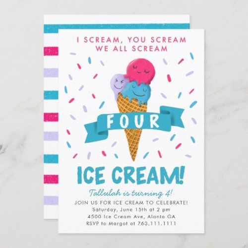 $2.40 | Scream Four Ice Cream 4th Birthday Party #icecreamparty #birthdayparty #kids #girls #wafflecone #colorful #summer #sprinkle #4th #screamfouricecream Ice Cream Birthday Party Theme, Girls Birthday Party Themes, Ice Cream Theme, Kids Birthday Party Invitations, Twin Birthday, Fourth Birthday, Ice Cream Party, 4th Birthday Parties, Birthday Ideas