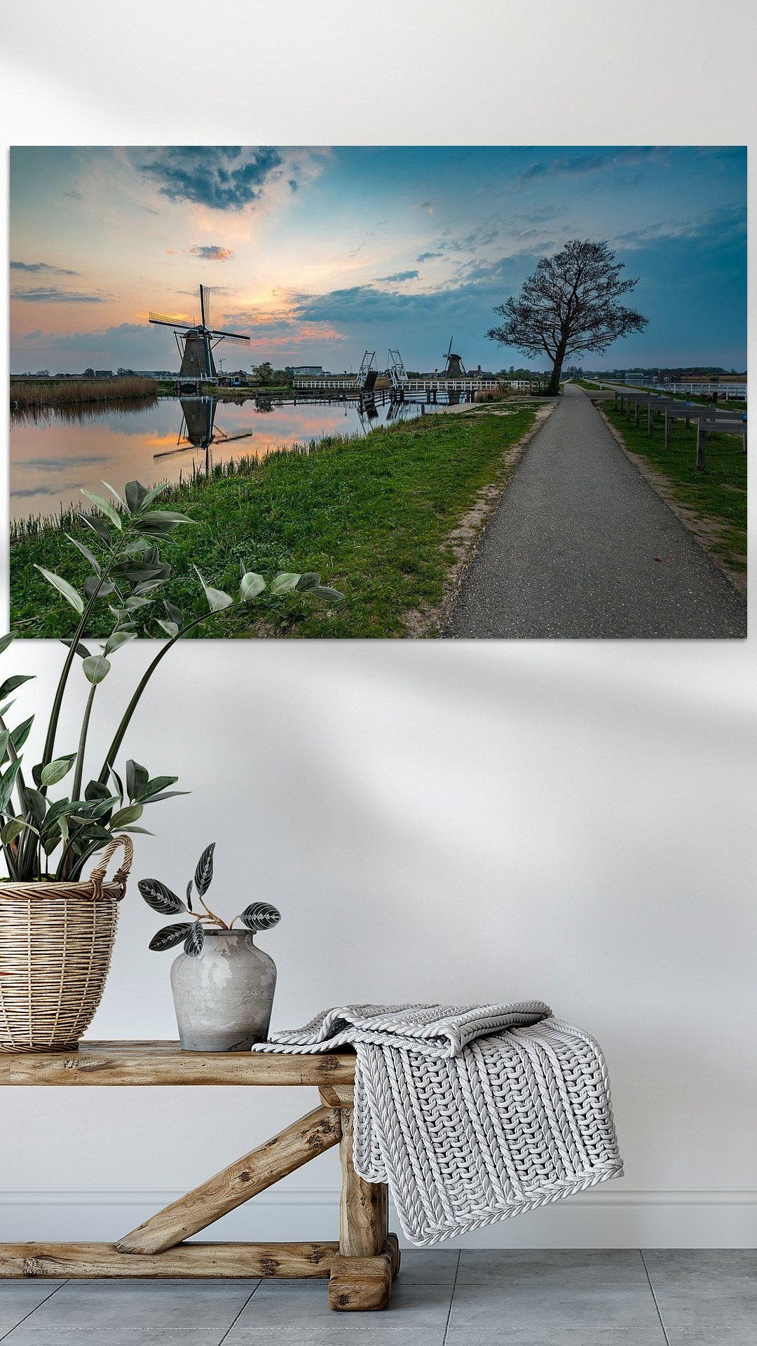Koop het kunstwerk 'Kinderdijk' van Eelke Brandsma als schilderij op canvas, aluminium dibond, staal, (ingelijste) fotoprint, behang, en meer. Outdoor Furniture, Outdoor Decor, Canvas, Sun Lounger, Holland, Home Decor, November, Products, Tela