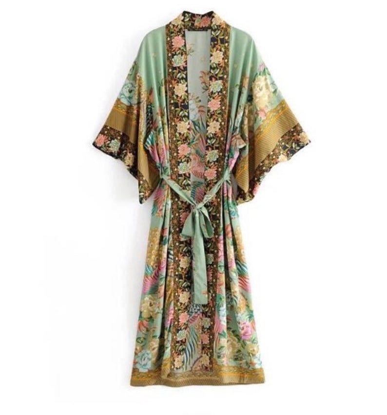 Women Boho Floral Kimono Dress Summer Bohemian Kimono Dress Hippie Kimono Robe Summer Boho Tunic Beach Kimono Long Gown Dress