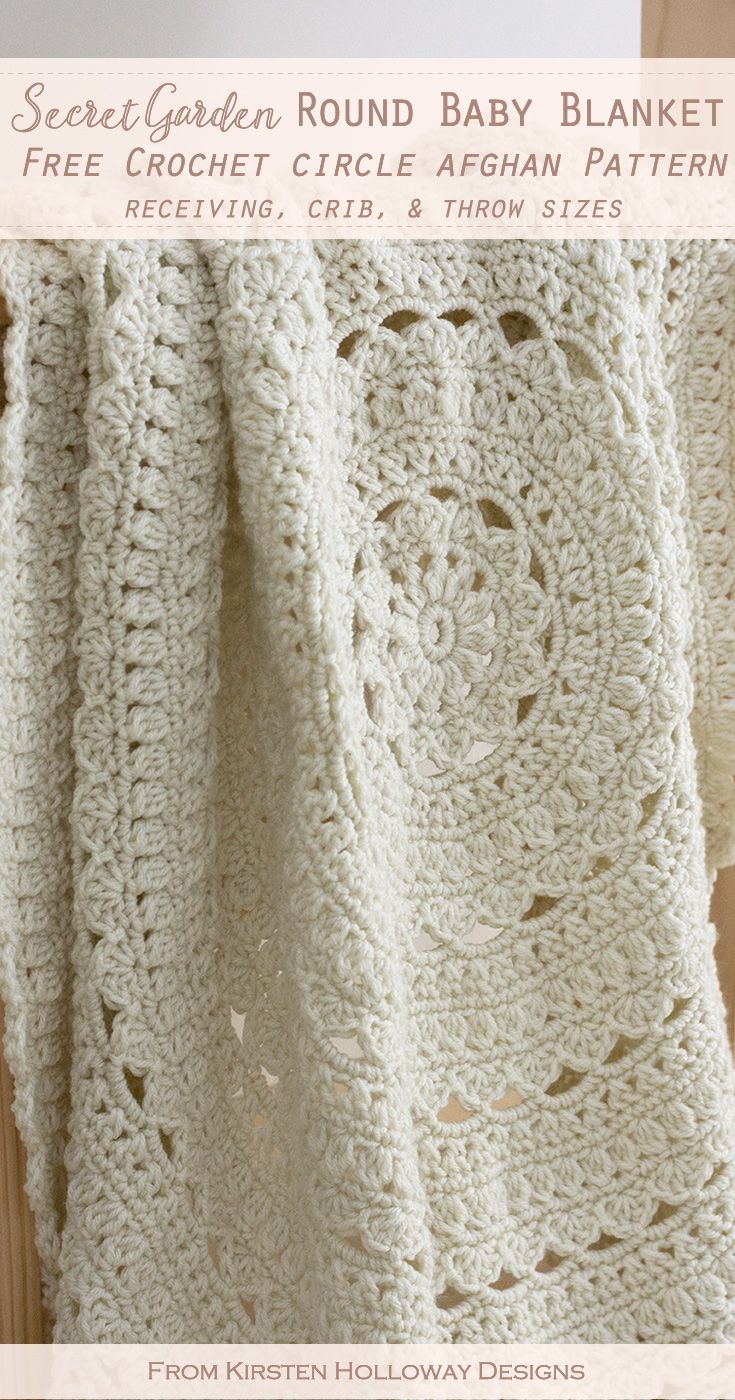 This free round crochet baby blanket pattern makes a beautiful circle afghan! It comes in 5 banket sizes: receiving blanket, crib blanket and throw. Crochet this lacy round blanket pattern as a gift for babies, toddlers, or yourself! Crochet Circles, Crochet Round, Crochet Summer, Unique Crochet, Stitch Crochet, Knit Crochet, Crochet Tops, Crochet Baby Afghans, How To Crochet