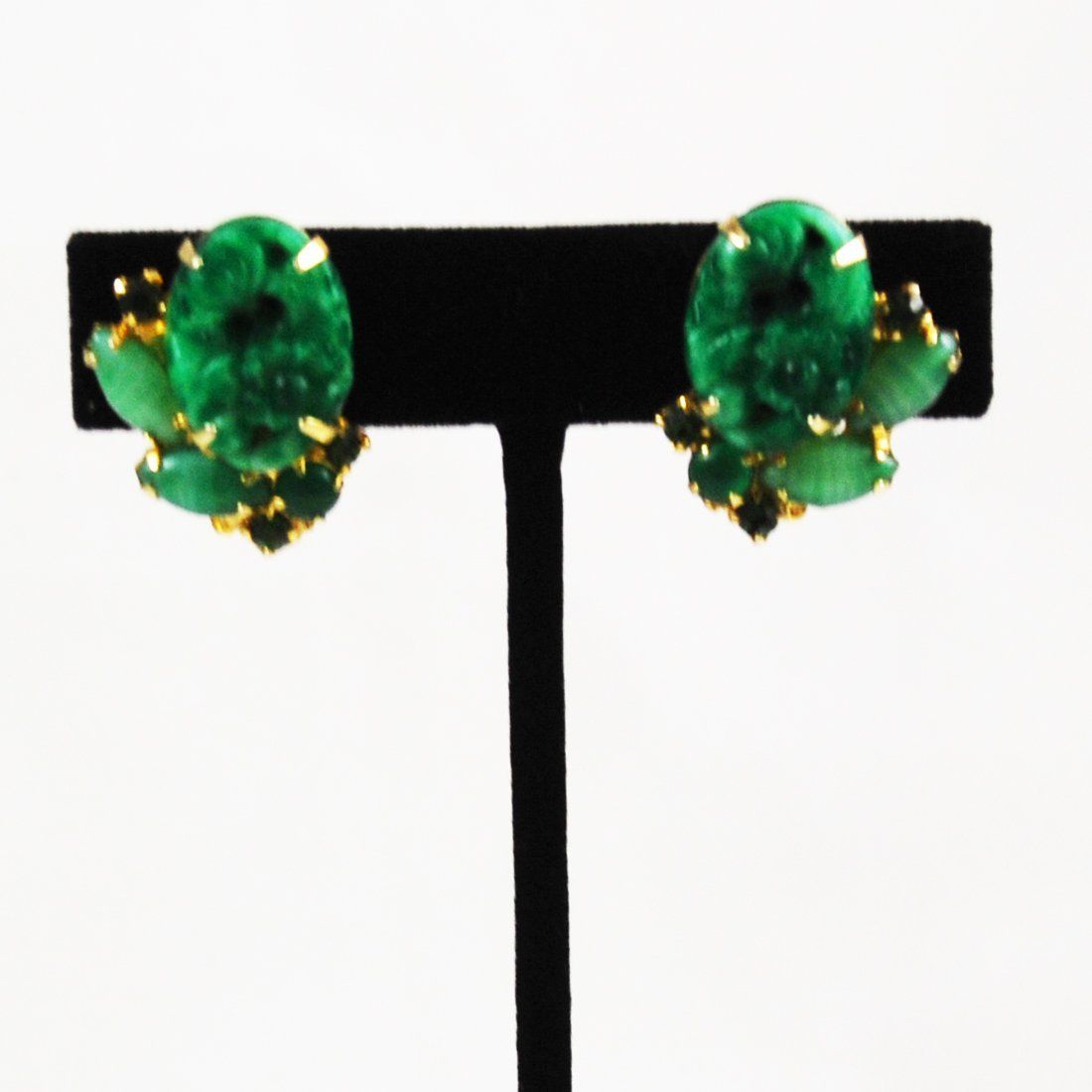 Green Faux Jade Lucite Molded Flower Gold Tone Mid Century Clip Earrings
