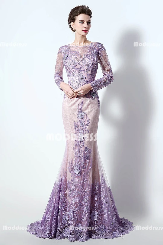 Mother of the Bride Lilac Applique Long Prom Dresses Beaded Mermaid ...