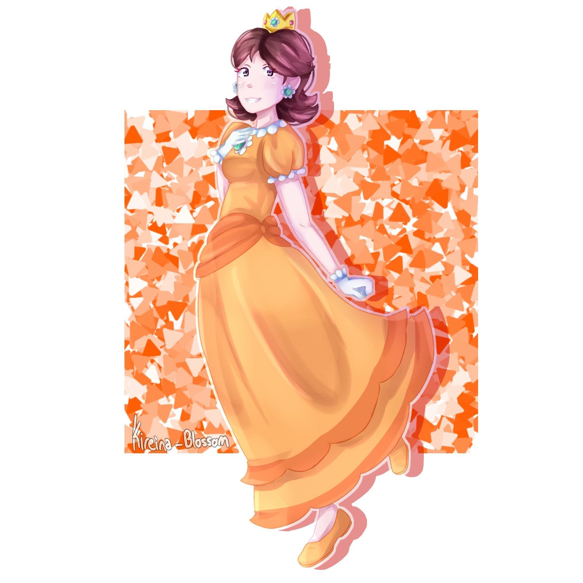 the princess is wearing an orange dress