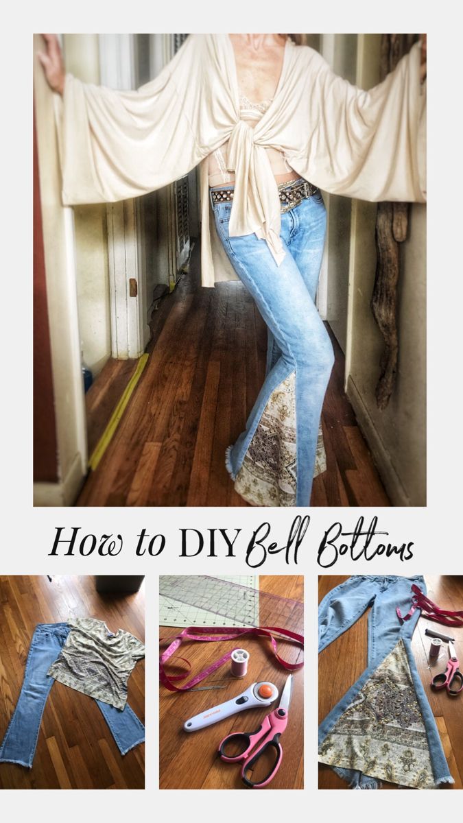 How to #DIY #bellbottomjeans with #upcycled t-shirts or fabric. Hand sew this project. You could even press this one into place with a no sew tape. Diy Bell Bottom Jeans, Diy Bell Bottoms, Cute Bell Bottom Outfits, Diy Flare Jeans, Jeans Diy, Diy Clothes Jeans, Clothes Crafts, Diy Party Clothes, Easy Diy Clothes