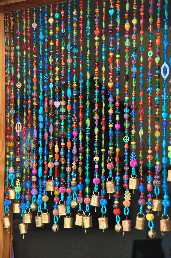 Colorful Bohemian Glass Bead Curtain With Brass Bells Made To Door Beads Hanging Beaded Curtains Colorful Bohemian Glass Bead Curtain, Bohemian Beaded Curtains