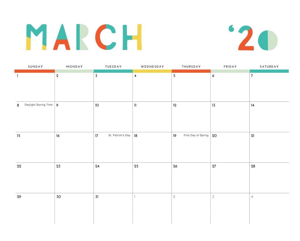 March 2020 Colorful Calendar In 2020 Desk Calendar Template Monthly Calendar Template Desk Calendars