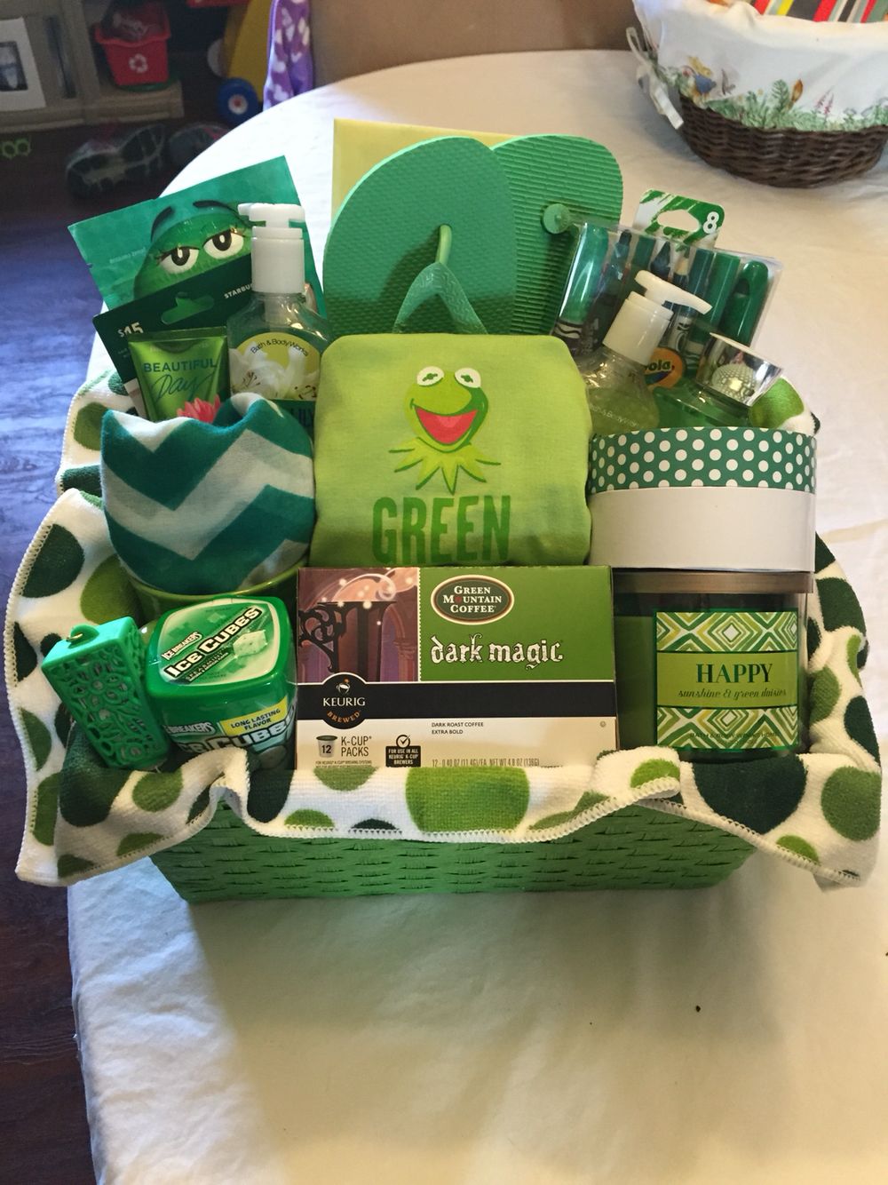 Green basket Christmas presents for boys, Green basket