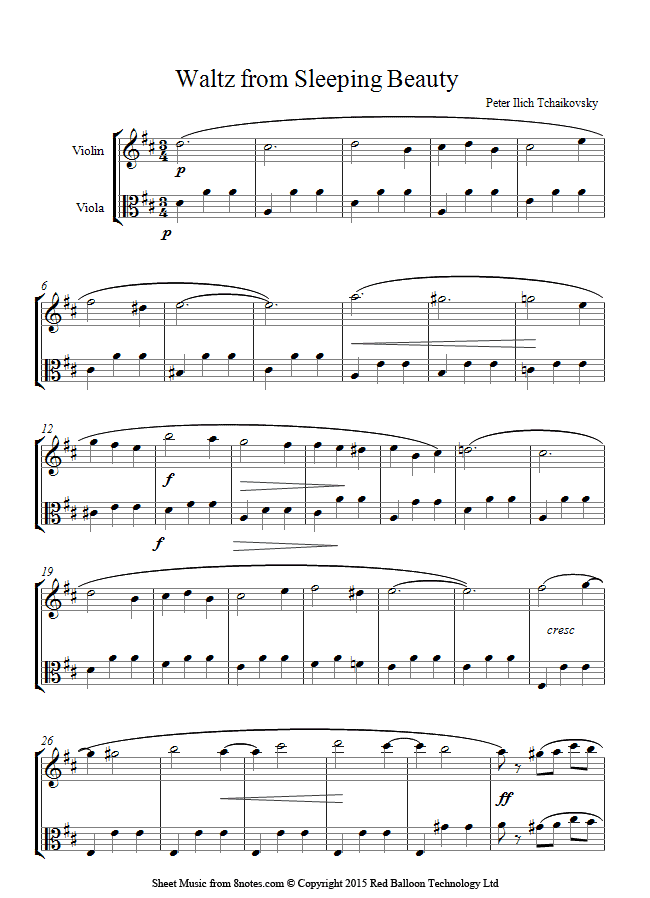 tchaikovsky waltz from sleeping beauty sheet music for violin viola duet sheet music