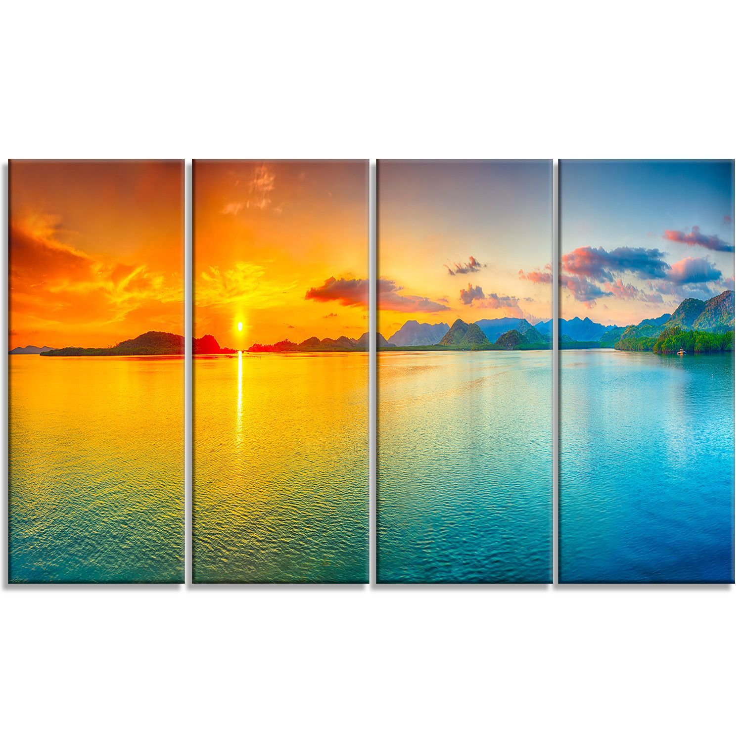 Designart Bright Sunset Panorama 4 Piece Photographic Print On Wrapped Canvas Set