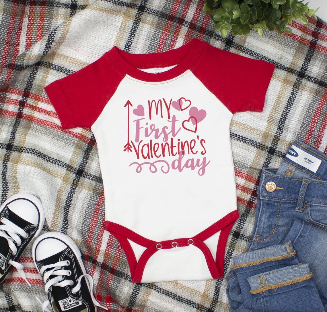 My First Valentine's Day Raglan Bodysuit Baby valentines outfit, Baby