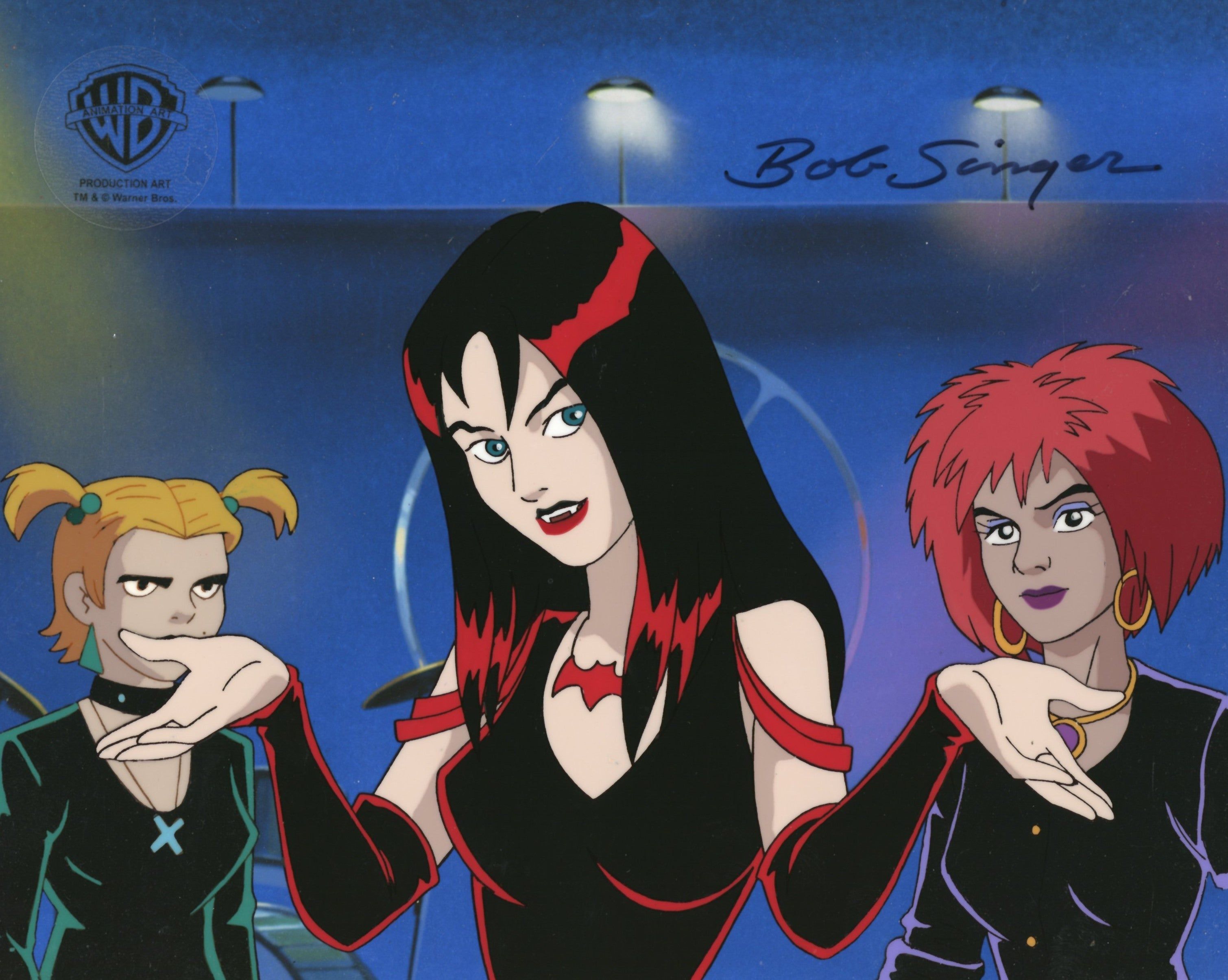 The Hex Girls, Luna, Dusk, Thorn MEDIUM: Original Production Cel with Matching DrawingSIZE: Cel 10.5" x 9" | Drawing 10.5" x 9.5"SIGNED: Hand-Signed by Bob SingerSKU: IFA6118 ABOUT THE IMAGE: The Hanna-Barbera cartoon, Scooby-Doo, Where Are You? was launched in 1969 and has had the longest run of a cartoon series. Over the years it’s been in 19 TV series (on CBS, ABC, the WB, Cartoon Network and Boomerang) and more than 40 animated films and two live action movies; one grossed $275 million world Cartoons Series, Old Cartoons, Live Action Movie, Action Movies, Hex Girls, Hanna Barbera Cartoons, The Wb, Boomerang, Animation Film