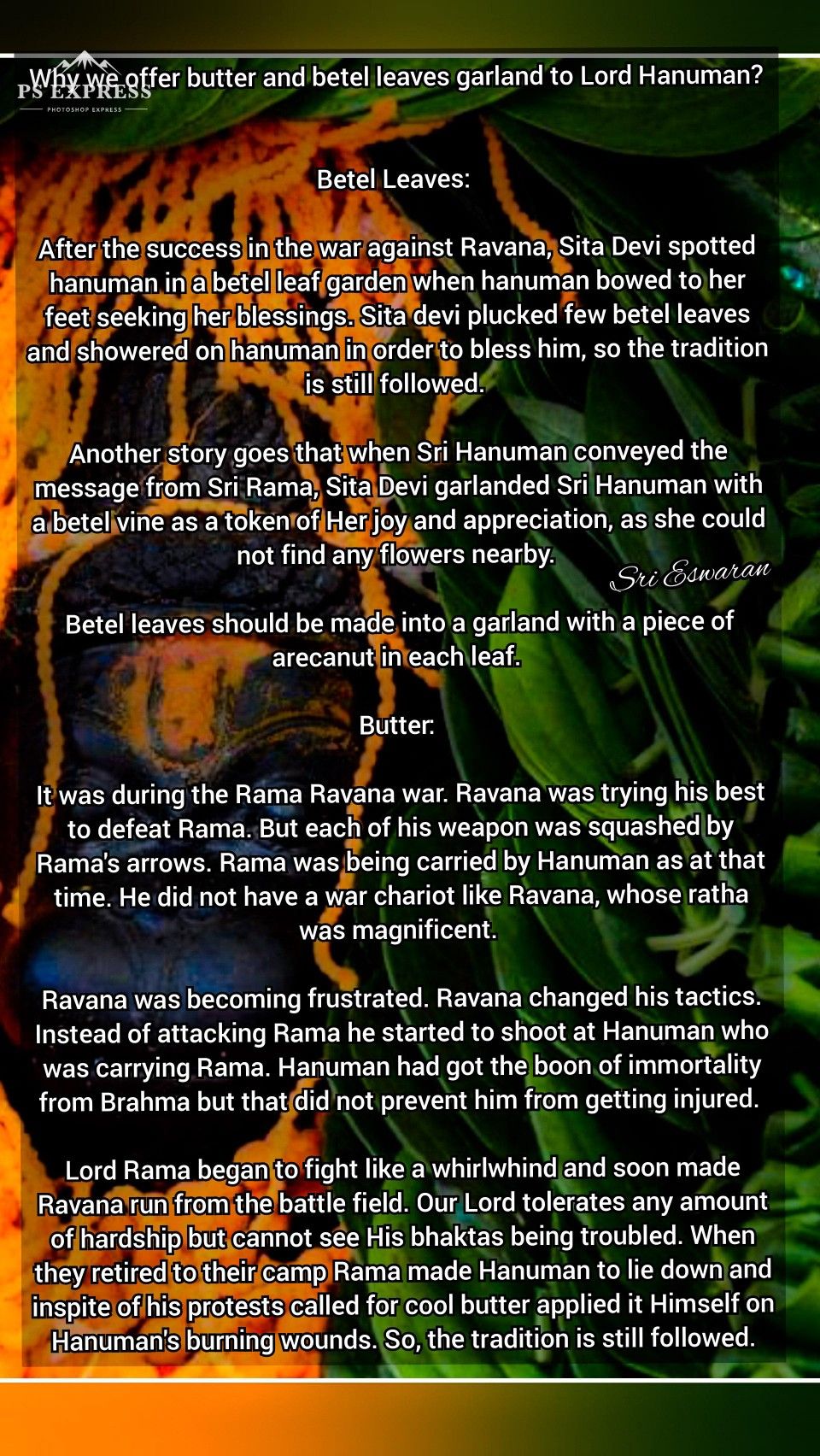 why we offer butter and betel leaves garland to lord hanuman betel leaves after the success in the war against ravan hindu rituals hanuman lord hanuman
