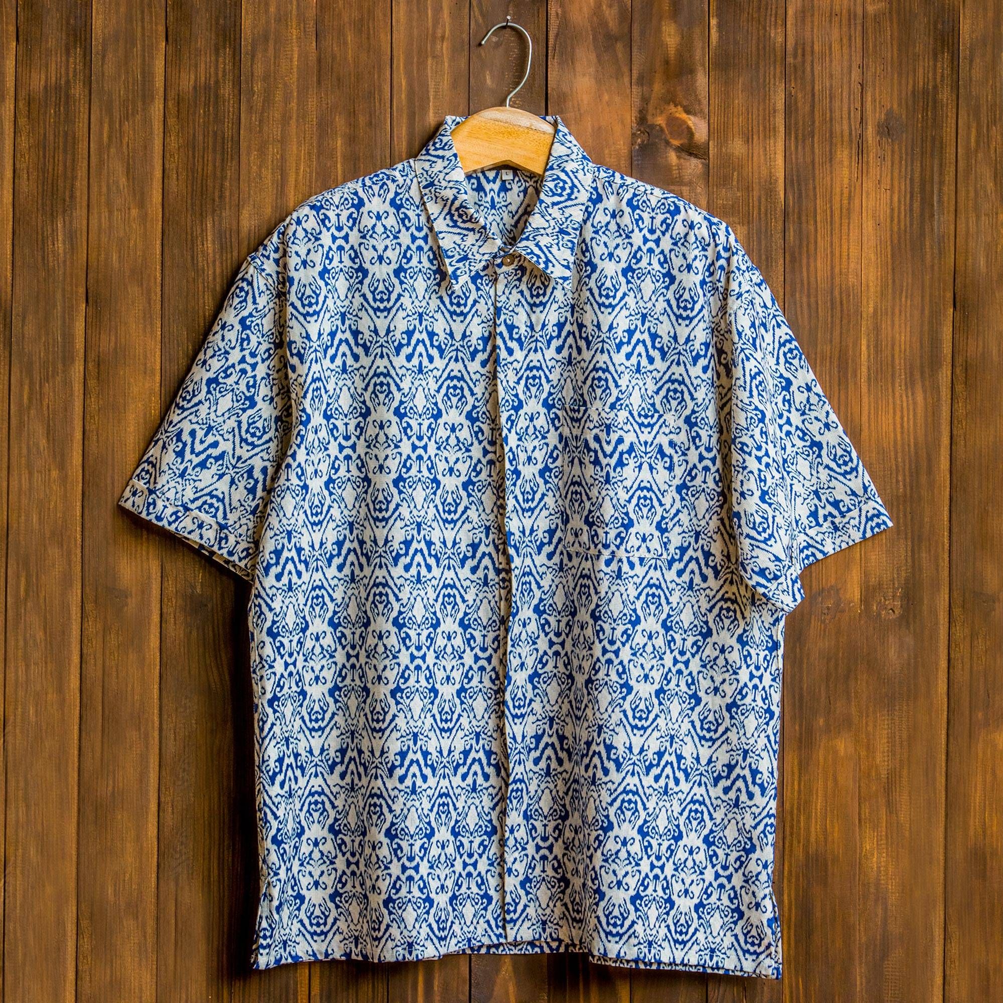 Mens Cotton Island Style Short Sleeve Shirt Traditional Batik Print