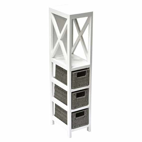 Evideco 3 Baskets -1 Shelf Storage Unit Wood - Weaved Paper Rope- White/Grey